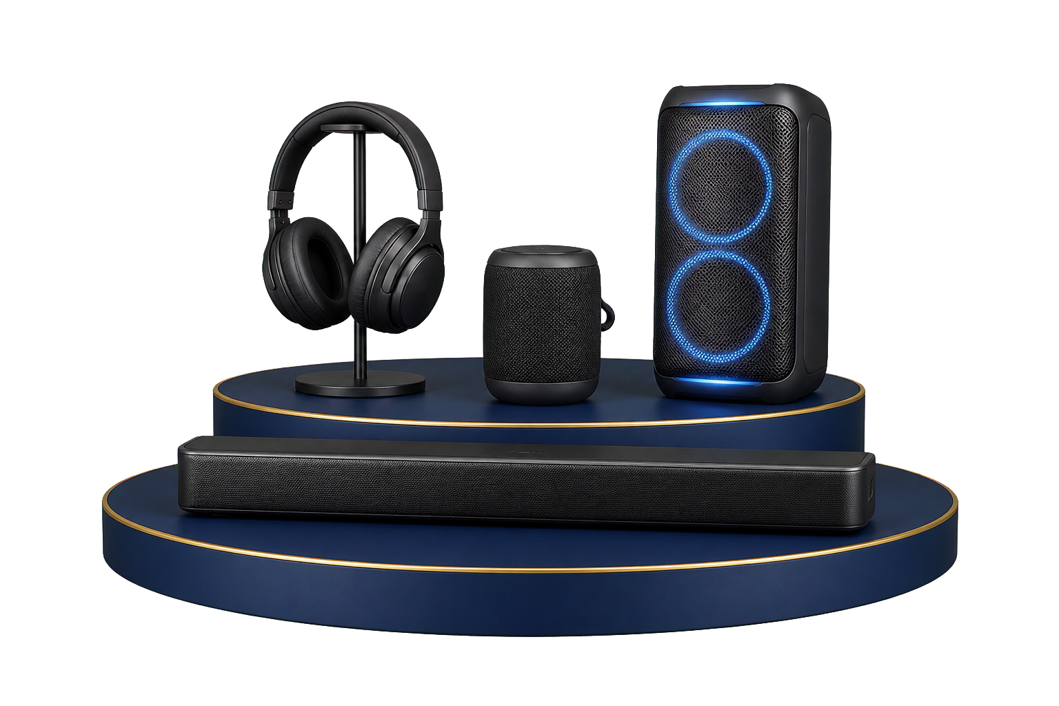 Soundbar, hörlurar och högtalare på ett blått podium